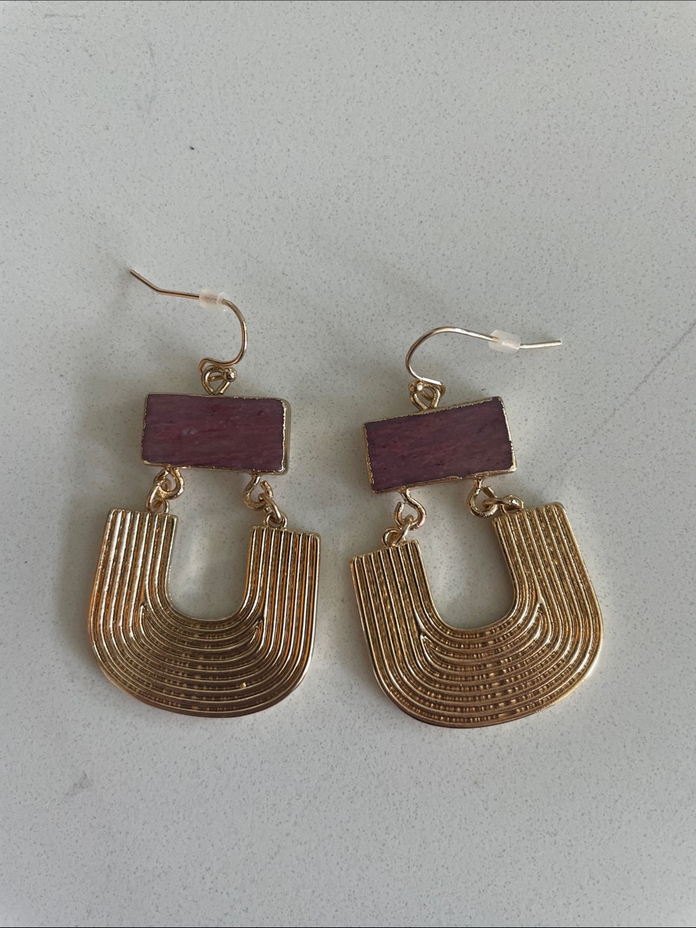 Gold U-Shaped Drop Earrings with Mauve Accent